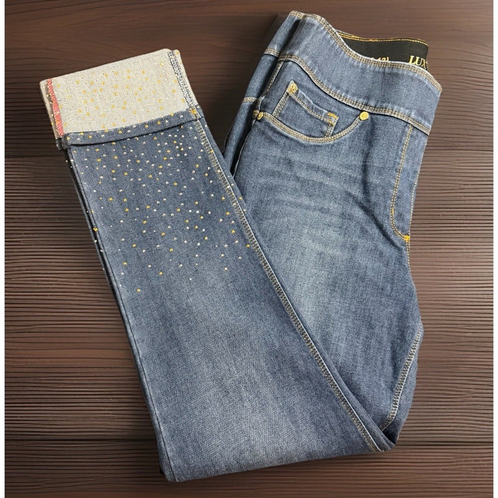 LUXE Denim jean Pull On Rhinestone jeggins jean 360 4 way stretch M 10-12 Sexy